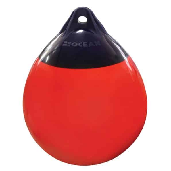 a red and blue buoy use for marine fishing