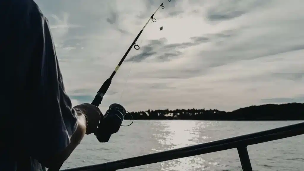 a person fishing in a cloudy day