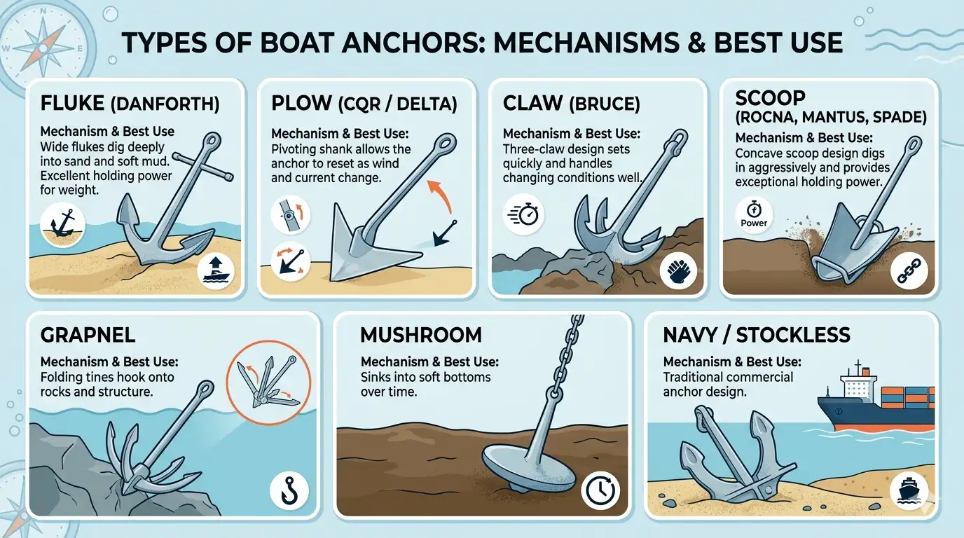A comprehensive chart illustrating various types of boat anchors, including fluke, plow, and claw designs. Generated by Google Gemini AI